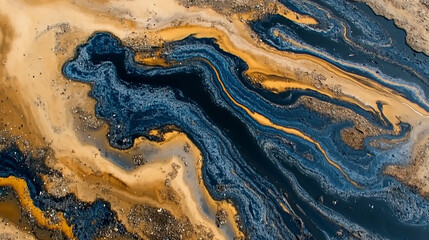  Abstract aerial view of a polluted river with blue and yellow water.