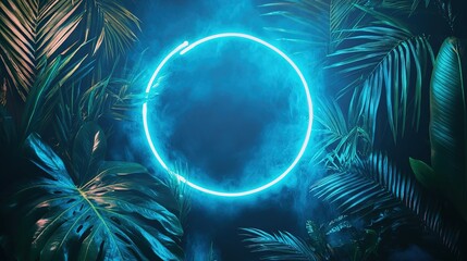 Aufkleber - Blue and Green glowing neon ring with exotic palm tree foliage on black. Vibrant backdrop for advertising summer vacation, travel agency, beach resort or swimming pool party invitation 8k Image
