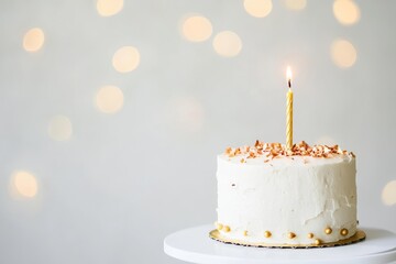 Elegant Birthday Cake with Candle and Bokeh Background