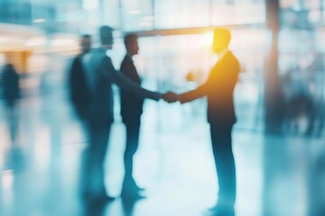 Fototapete - A business handshake in an office symbolizes agreement and ambition, where professionals collaborate to achieve common goals, fostering trust, connections, and future opportunities