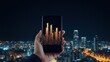 © PixelNexusArt - SEO relevance concept. Smartphone displaying city skyline with illuminated buildings at night.