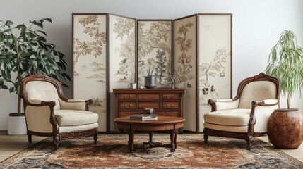 Poster - A living room with a large wooden table and two chairs