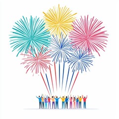 Wall Mural - Celebratory scene with colorful fireworks and joyful people.