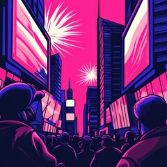 Wall Mural - Crowd admiring vibrant city lights and fireworks at night.