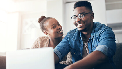 House, finance and black couple on sofa, laptop and mortgage with planning for budget. African people, man and woman on couch, computer and savings with internet, connection and insurance with taxes