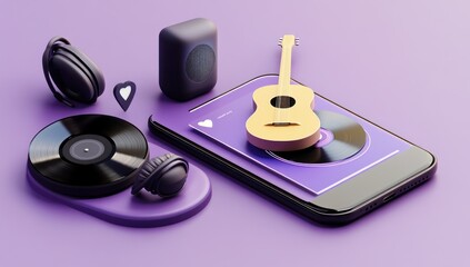 Poster - A vibrant arrangement of music-related items including a smartphone, records, and instruments.