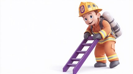 Poster - A cartoon firefighter character with a ladder, promoting safety and firefighting awareness.