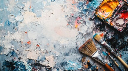 Poster - An artist's workspace featuring paint, brushes, and a colorful palette.