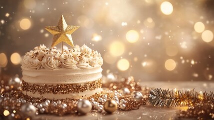 Poster - A festive cake adorned with a golden star, surrounded by sparkling decorations.