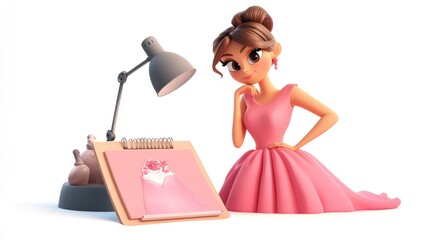 Poster - A cartoon character in a pink dress sketches a gown beside a lamp and a drawing pad.