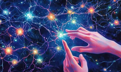 Poster - Hands reaching towards a network of glowing neurons in a cosmic background.