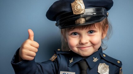 Aufkleber - A young child dressed in a police uniform, smiling and giving a thumbs-up gesture.