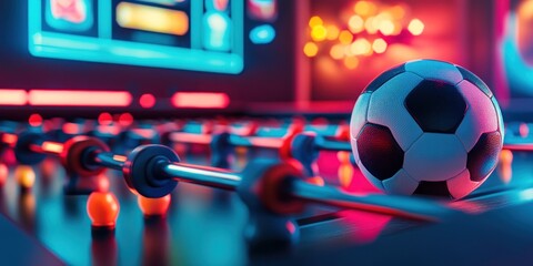 Poster - A close-up of a foosball table with a soccer ball and colorful lighting.