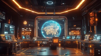 Wall Mural - Futuristic spaceship bridge with a view of Earth.