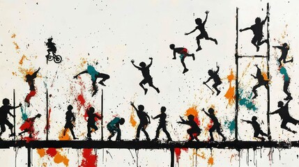 Wall Mural - Silhouette of children in dynamic poses, showcasing playfulness and energy through color splashes.