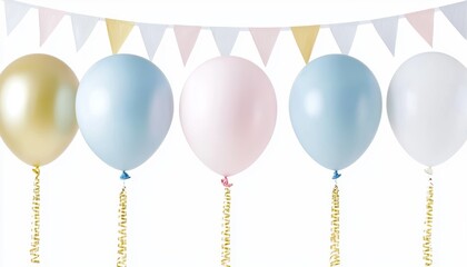 A collection of multi-colored balloons with streamers and hanging bunting, cheerful and celebratory, detailed and lively, isolated on white background