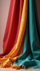 Poster - Three different colored pieces of fabric are laid out on a table