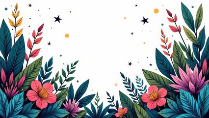 Poster - A colorful drawing of flowers and leaves with stars in the background