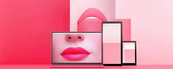 Wall Mural - Modern creative mockup highlighting a responsive website preview on multiple devices with dynamic, eye-catching elements