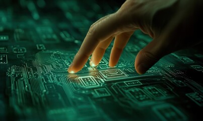 Aufkleber - A hand reaching out to touch a glowing circuit board, symbolizing technology and innovation.