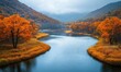 © Q STOCK - Winding river through mountain valley, autumn landscape with beautiful colors, scenic nature during fall, foliage creating panorama views