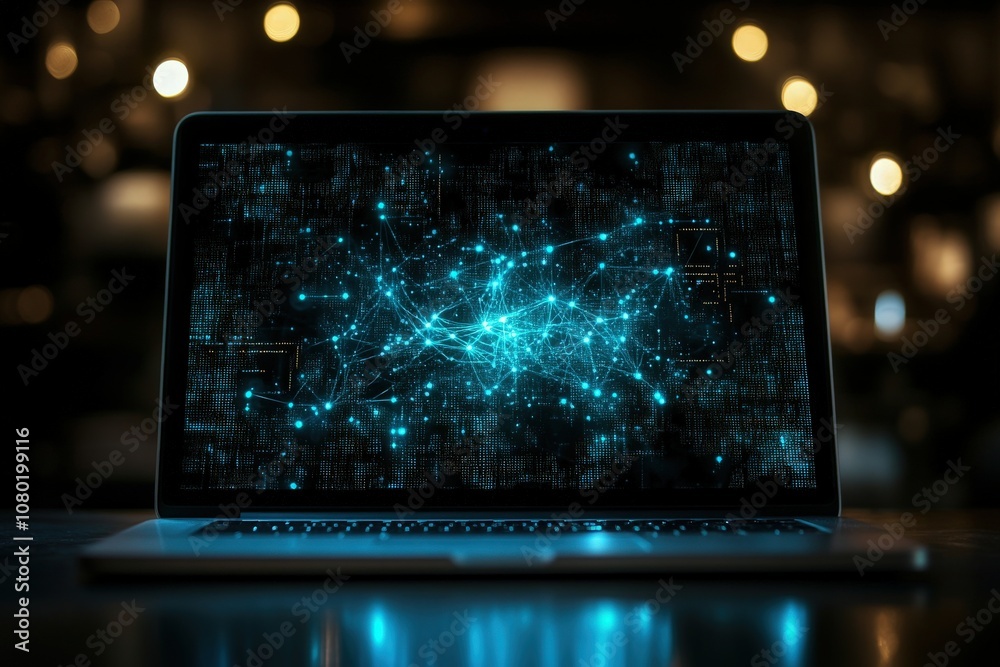 A laptop sits on a dark surface, illuminated by a dazzling array of blue data lines and network connections. The soft glow adds a modern touch to the overall ambiance.