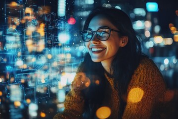 Aufkleber - A woman smiling while interacting with digital data in a vibrant, urban environment.