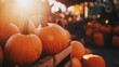 © Virtual Art Studio - Cozy autumn scene rustic crate overflowing with vibrant orange pumpkins, illuminated by golden hour light. warm atmosphere evokes fall festivities and seasonal celebrations.