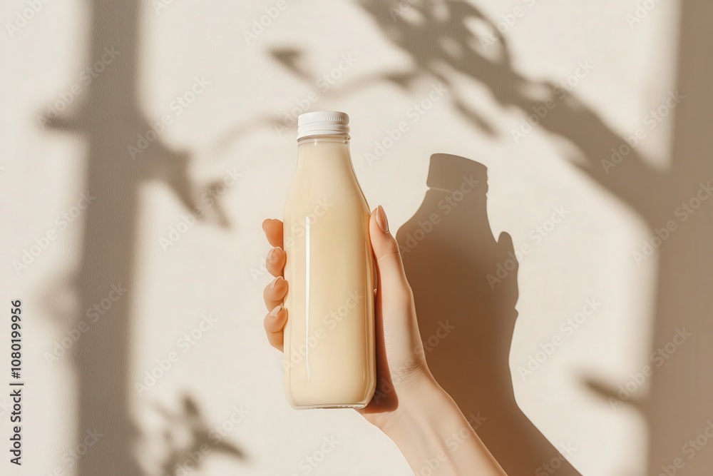 A hand grips a juice bottle mockup in soft beige, showcasing its smooth design. The background features a textured surface, with gentle shadows adding depth to the composition.