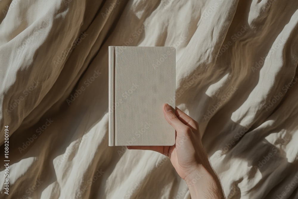 A hand presents a soft beige notebook mockup, showcasing its minimalist design against a gently textured surface. The natural light highlights the notebooks subtle details.
