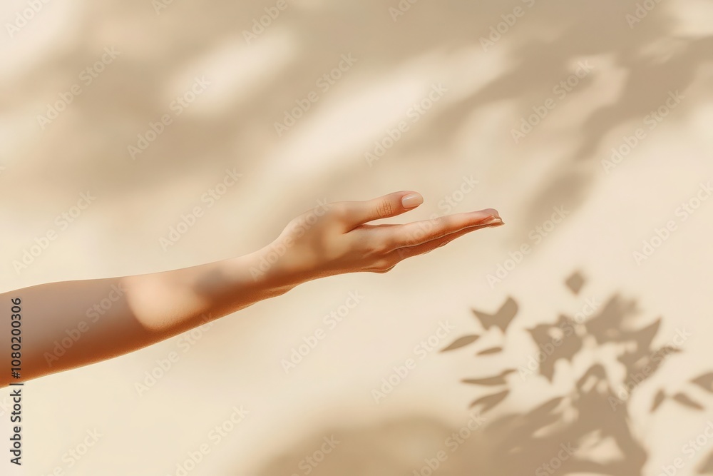 The soft beige postcard mockup is being held gently by a hand, with natural light casting delicate shadows on the background. This creates a serene and inviting atmosphere for presentation.