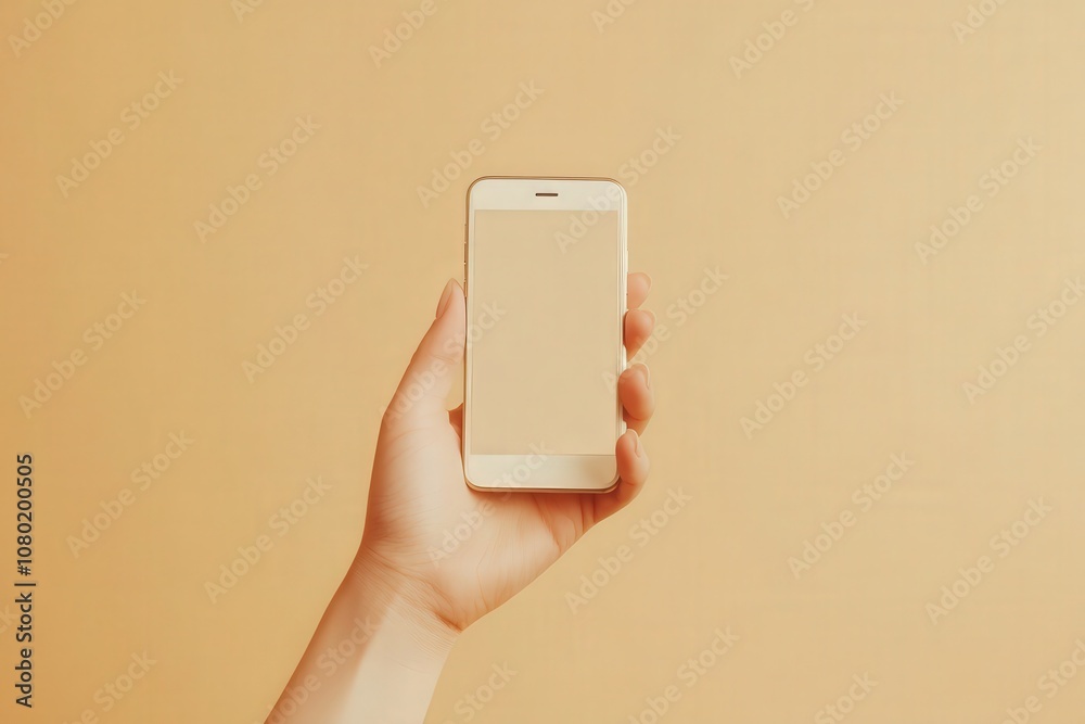A hand presents a smartphone mockup with a blank screen. The serene soft beige backdrop enhances the minimalist aesthetic, creating a calm and inviting ambiance for showcasing tech products.