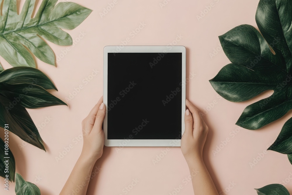 A pair of hands gently holds a blank tablet mockup, placed on a soft beige surface, with lush green leaves arranged around it, creating a refreshing and inviting atmosphere.