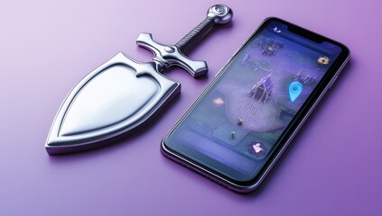 Poster - A smartphone displaying a game interface alongside a metallic shield and sword.