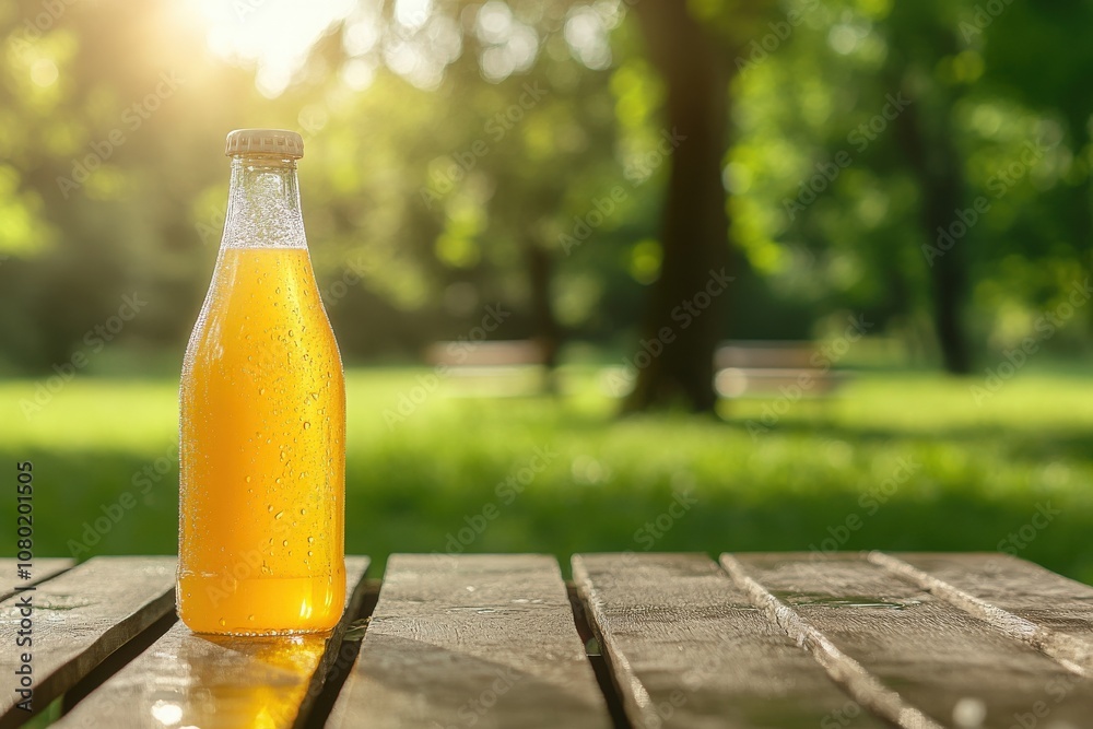 A cold-pressed juice bottle sits on a rustic wooden table, glistening with condensation.