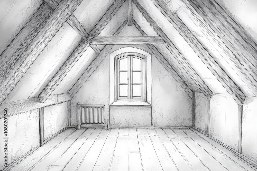 The technical sketch showcases a well-designed attic space with exposed wooden beams, a window, and a radiator, emphasizing its intricate architectural details and layout.