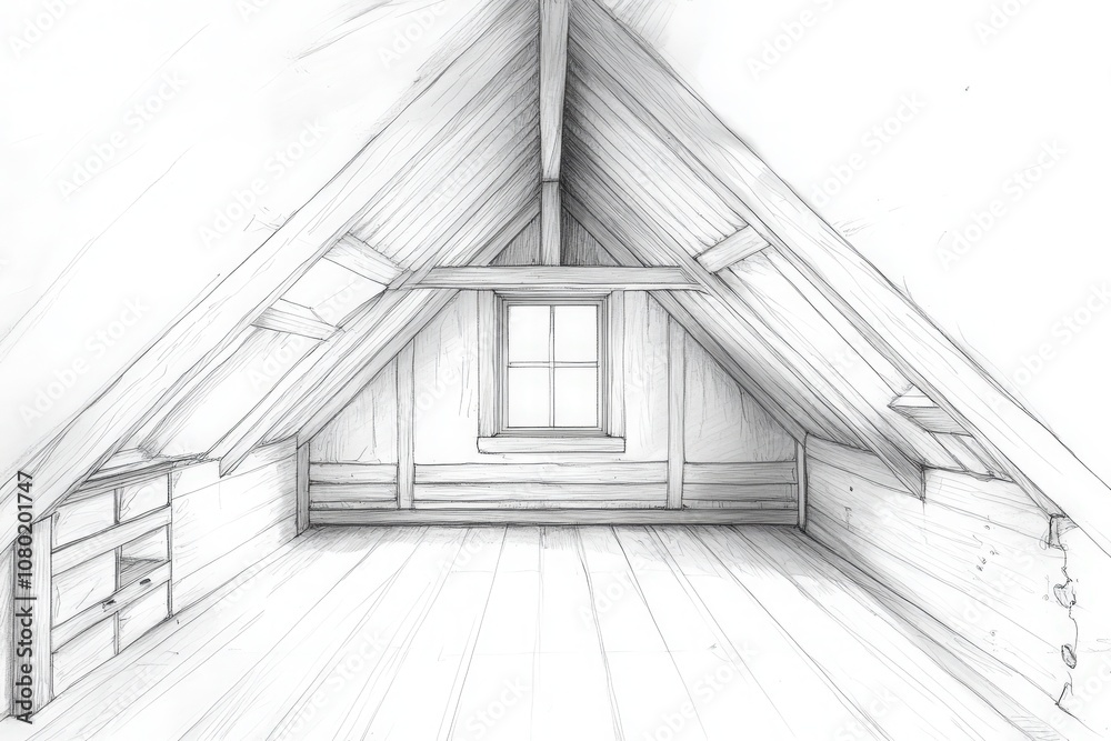 This technical sketch illustrates a well-planned attic space with wooden structures, a centered window, and wooden paneling. The design highlights the architectural details and layout options.