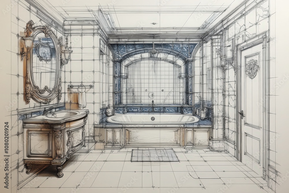 A meticulous technical sketch showcases a luxurious bathroom layout with a bathtub, ornate cabinetry, and elegant fixtures. The design emphasizes symmetry and refined architectural details.