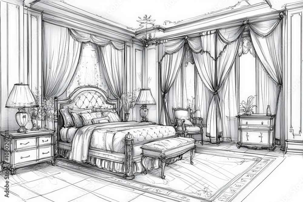 This detailed technical sketch showcases a luxurious bedroom with a large bed, ornate curtains, elegant side tables, and tasteful decor, highlighting a sophisticated design choice and layout.