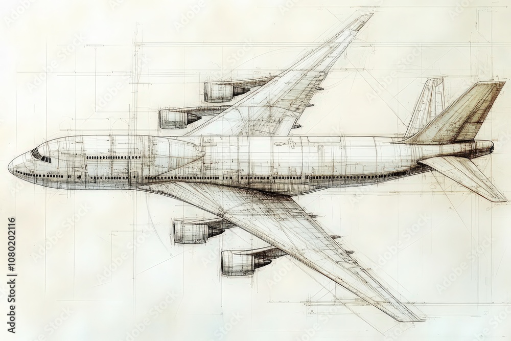 This technical sketch illustrates a commercial airplane from a top view, highlighting its structural elements and design. Carefully executed lines display the aircrafts features and proportions.