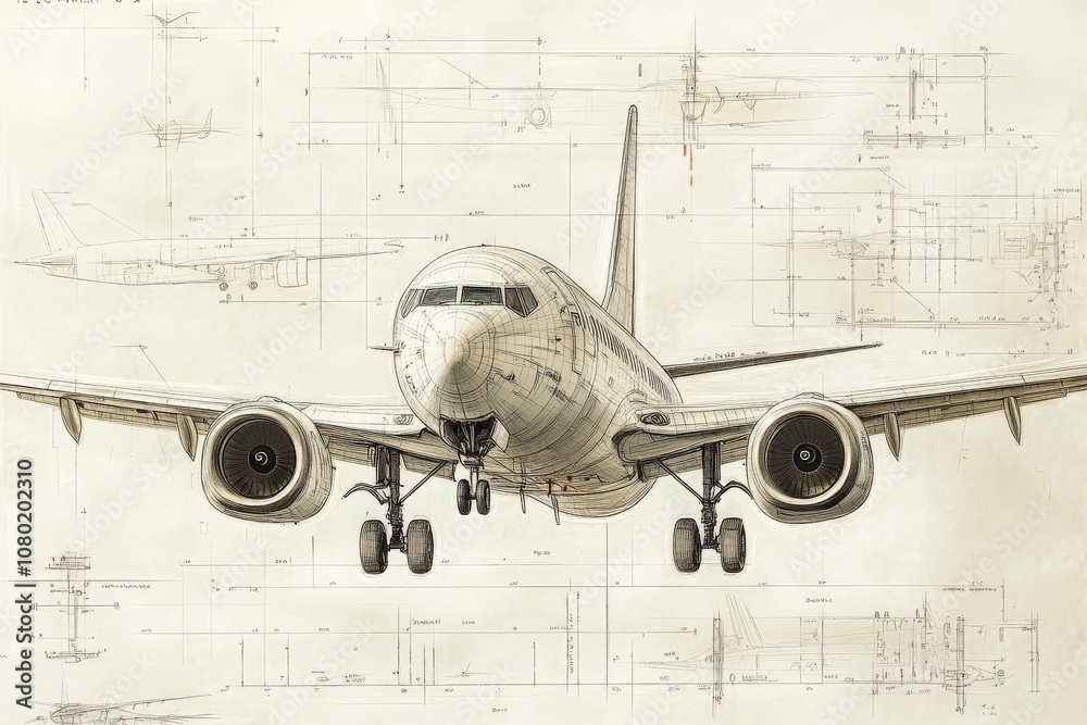 This technical sketch illustrates a commercial aircraft with precise measurements and design features. The drawing presents a front view, emphasizing the engineering and construction details.