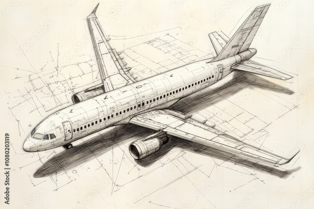 This technical sketch illustrates a commercial airplane with detailed design features. The drawing captures its structure, depicting wings, engines, and fuselage intricacies.