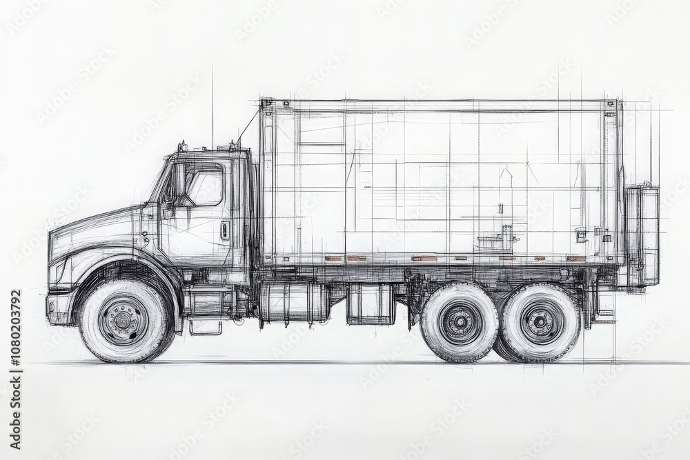 This technical sketch presents a detailed side view of a delivery truck, illustrating design features and structural elements.