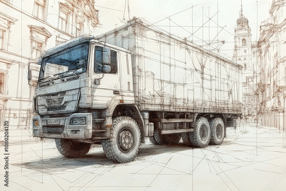 This technical sketch illustrates a detailed design of a delivery truck, showcasing the structure and dimensions with precise lines against an urban background.