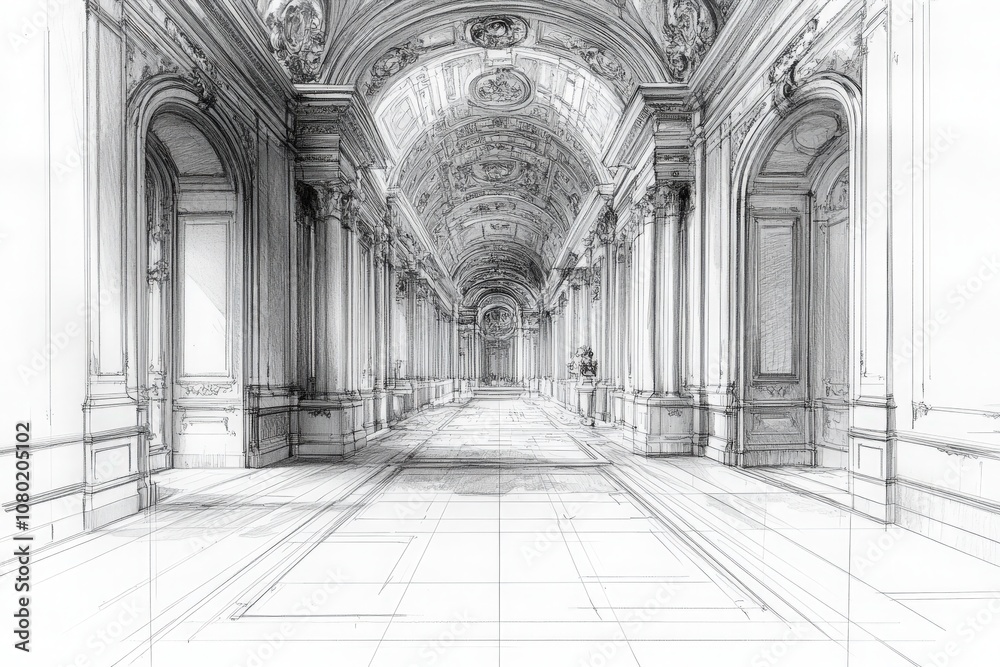 This technical sketch illustrates a grand hallway characterized by intricate arches, detailed moldings, and classical elements. The perspective emphasizes depth and architectural beauty.
