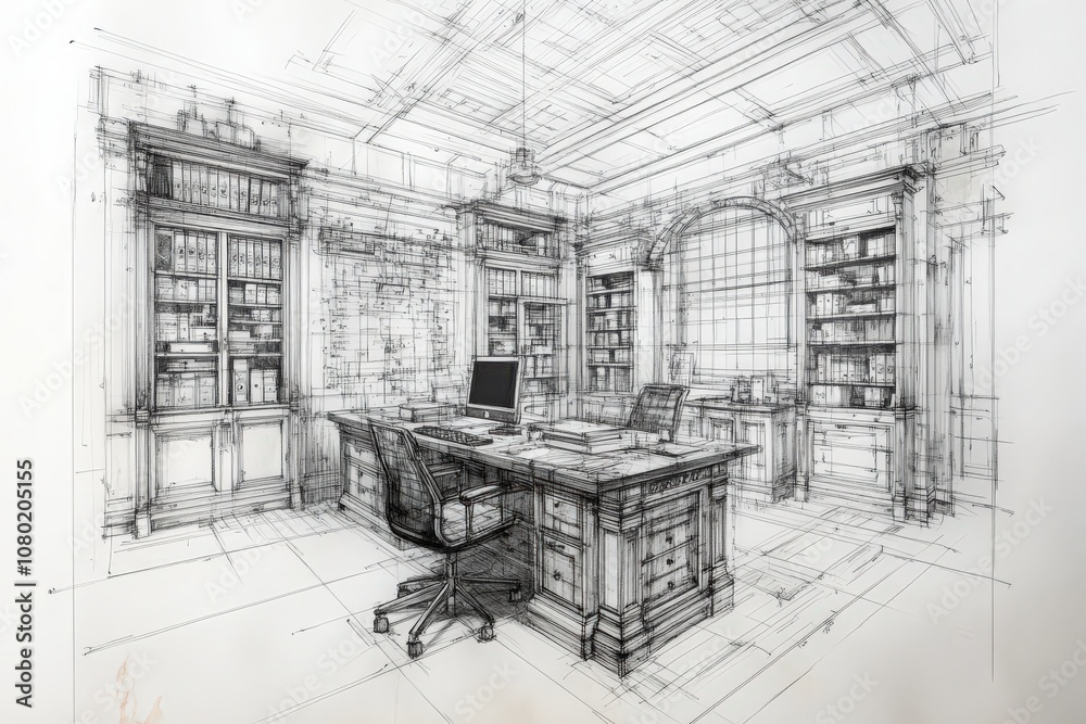 This technical sketch illustrates a well-designed home office, complete with detailed bookshelves, a central desk, and a computer, showcasing an ideal workspace for productivity.