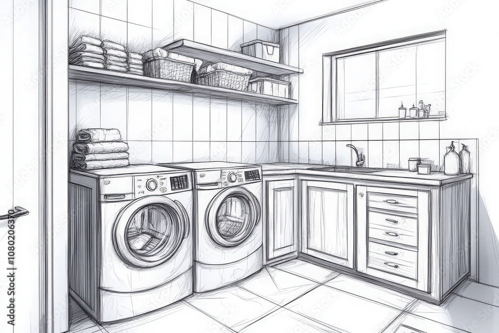 This technical sketch showcases a functional laundry room design featuring two washing machines, ample shelving, and organized storage spaces. The layout emphasizes efficiency and practicality.