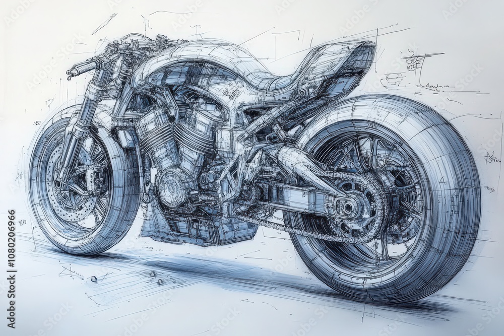 This technical sketch illustrates a motorcycle design, highlighting its unique structure, components, and engineering features. The detailed lines capture the essence of modern motorcycle aesthetics.