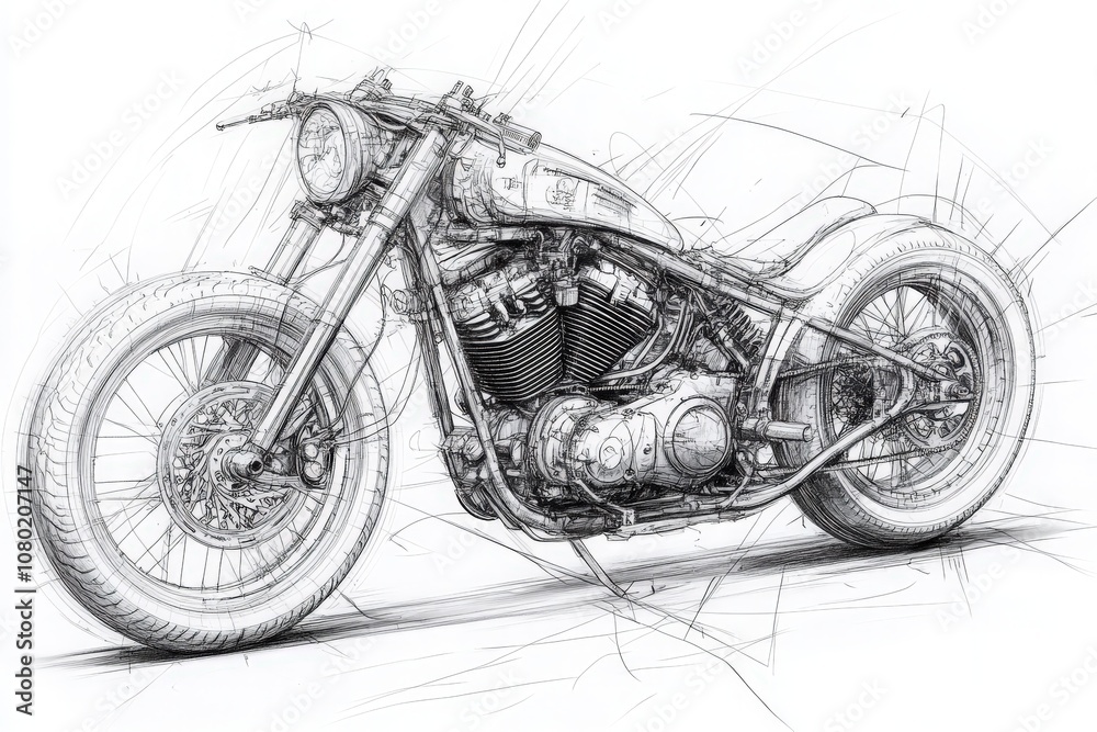 The sketch illustrates a custom motorcycle, highlighting its unique frame, engine layout, and tire designs. Intricate detailing emphasizes the craftsmanship involved in creating this vehicle.