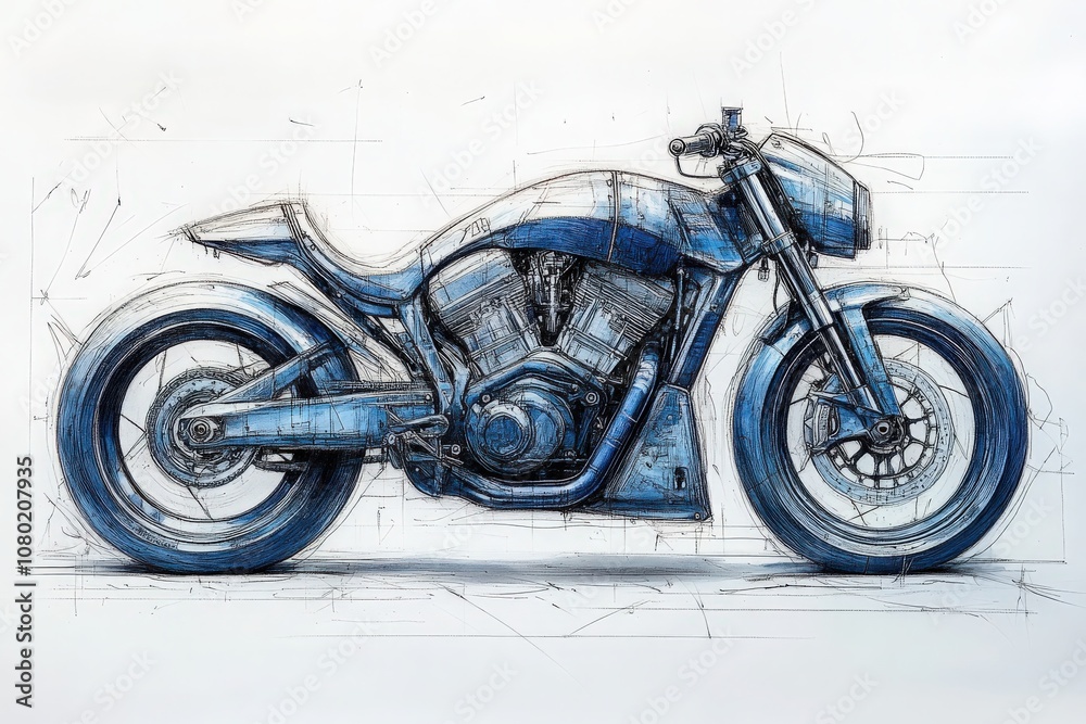 A technical sketch showcases a custom motorcycle design, highlighting intricate details of the chassis, engine, and wheels. The blueprint captures the essence of mechanical engineering and artistry.